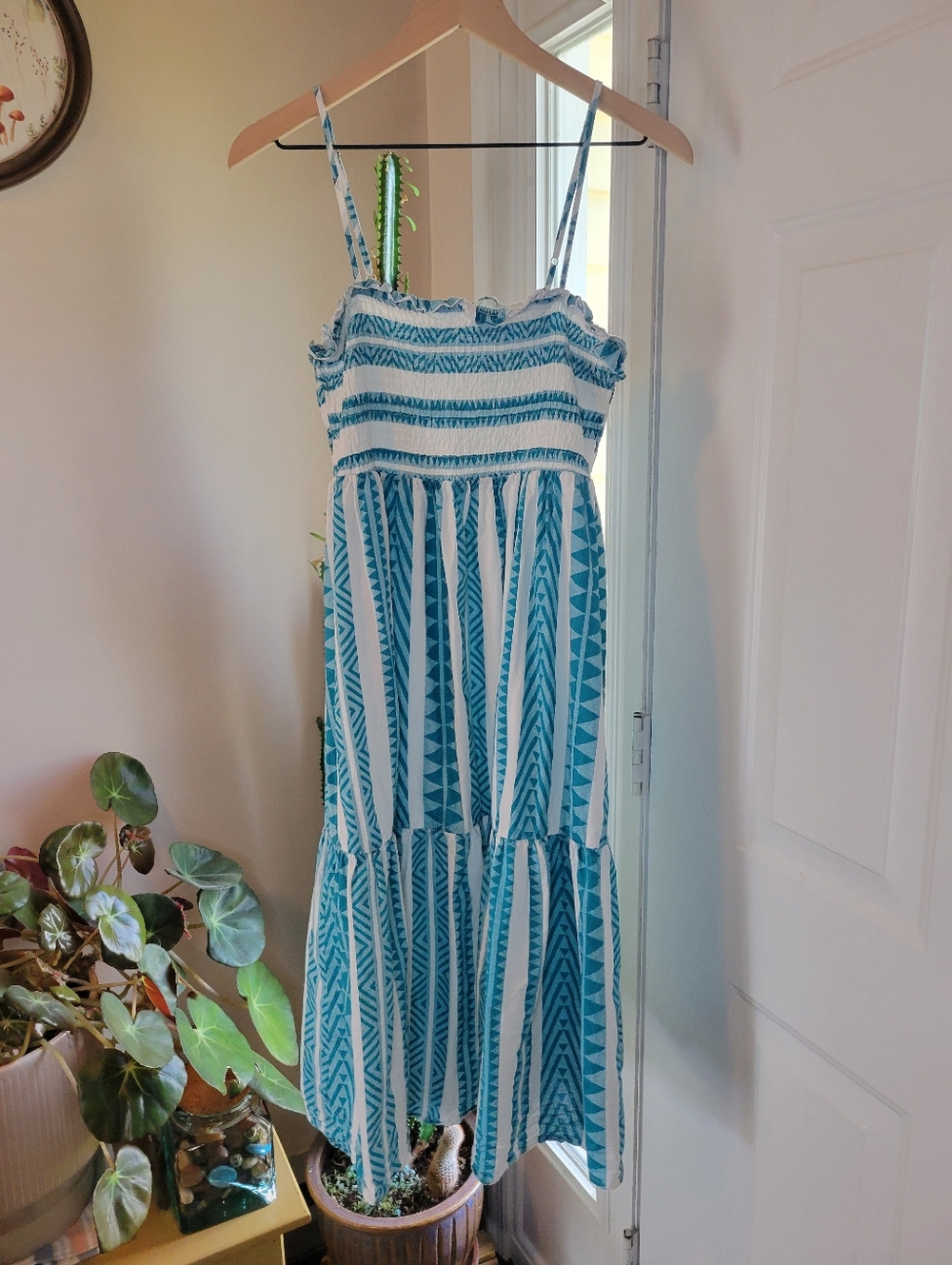 Umgee Smocked Bodice Geometric Striped Teal White Sleeveless Dress Size Womens L